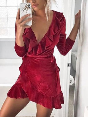 V-neck Ruffled Irregular Long-sleeved Mini Dress