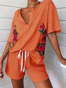 Fashion Floral Print V-neck Casual Suit