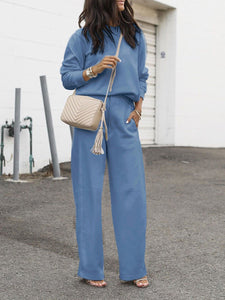 Solid Color Casual Round Neck Basic Two-piece Suit