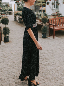 V-neck Dot Print Middle Sleeve Casual Maxi Dress