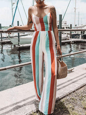 Bohemia Striped Spagetti-neck Loose Long Jumpsuits