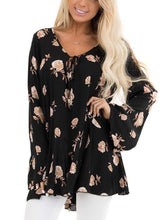 Load image into Gallery viewer, Black Floral Print Tunic Top with Long Sleeves and Front Tie