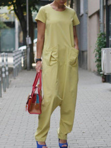 Short Sleeve Maxi Jumpsuit Loose Harem Romper with Pocket