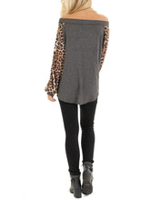 Load image into Gallery viewer, Leopard Print Long Sleeve Charcoal Waffle Knitted Top