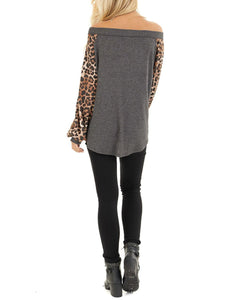 Leopard Print Long Sleeve Charcoal Waffle Knitted Top