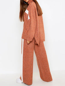 Loose Casual Turtleneck Long Sleeve Top Wide Leg Pants Knitted Suit