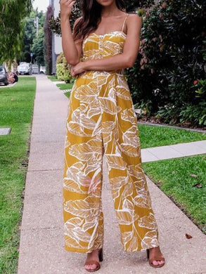 Women's Floral Long Pants Plant Print Jumpsuit