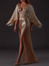 Load image into Gallery viewer, Noble Luxury Gold V-neck Tassel Slit Evening Dress