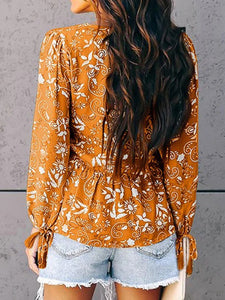 Printed Folds V-Neck Long Sleeve Shirt