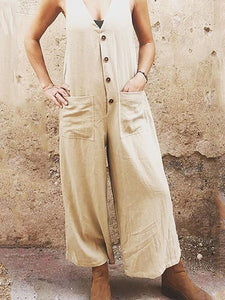 Solid color loose pocket casual jumpsuit