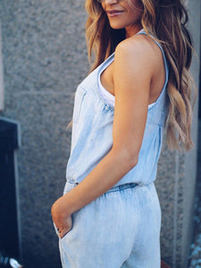 Women's Casual Drawstring Denim Sleeveless Jumpsuit