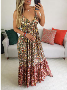 V-neck Floral Panel Sleeveless Leisure Bohemia Maxi Dress