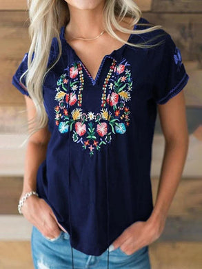 Embroidered Cotton and Linen T-shirt