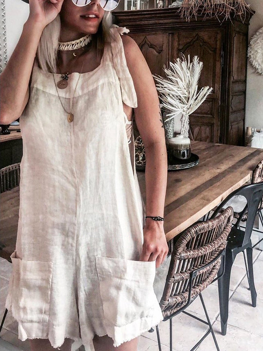 Cotton Solid Casual Boho Holiday Jumesuit with Pockets