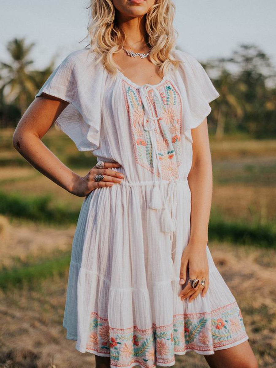 Women Boho Round Neck Short Sleeve Mini Dress