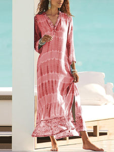 Casual 3/4 Sleeves Print V Neck Split Maxi Dress