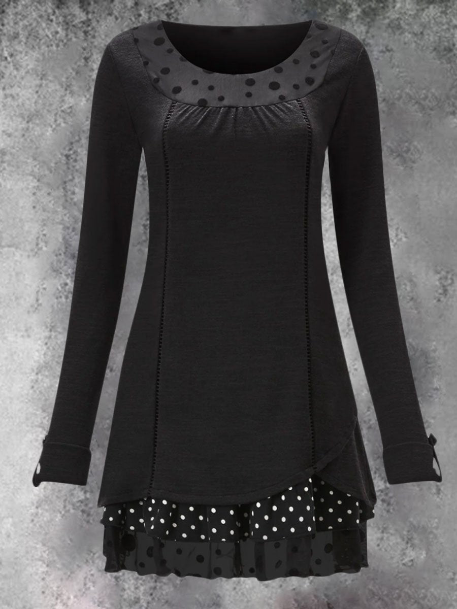 High-necked Dot Print Stitching Sleeve Long-sleeved Long T-shirt