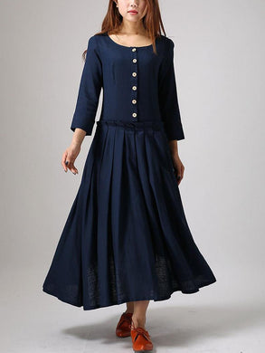 Cotton and Linen Casual Button Long Sleeve Dress