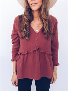 Casual Loose V-Neck Button Blouse