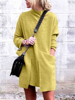 Solid Color Large Pocket Casual High Neck Dress