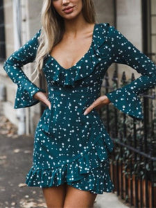 Polka Dot Zip Design Scoop Neck Long Sleeves Dress