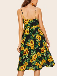 Sling High Waist Button Up Sunflower Print Midi Dress