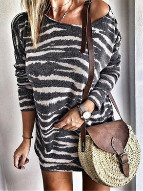 Round Neck Striped Print Long Sleeve Large Size Dress