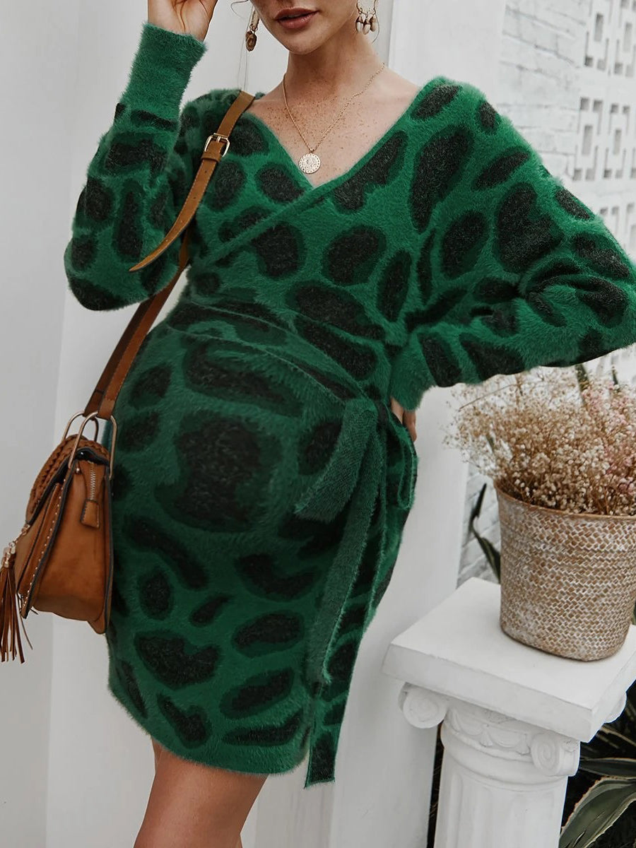 Leopard Print Long Sleeve Lace Up Maternity Dress