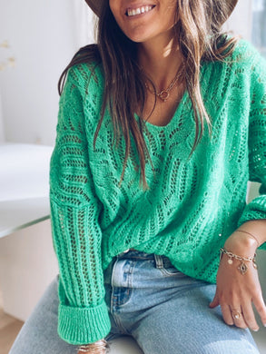 Long Sleeves V-neck Openwork Sweater