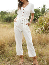 Load image into Gallery viewer, Women Button Up Pocket Tied Short Sleeve Casual Jumpsuit