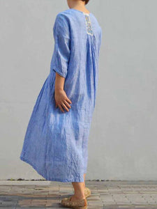 Embroidered 3/4 Sleeves Casual Linen Dresses