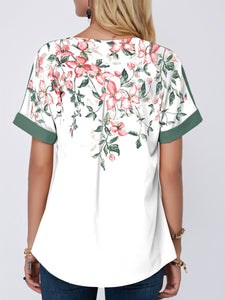 Floral Print Notch Neck Contrast Piping Blouse