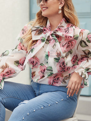 Plus Size Floral Print Tie Neck Sheer Blouse