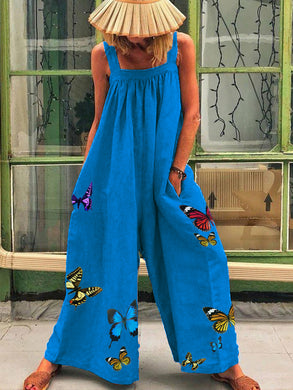 Romantic Pastoral Loose Butterfly Print Jumpsuit