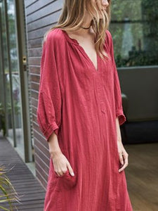 V-neck Long Sleeve Cotton and Linen Casual Dress
