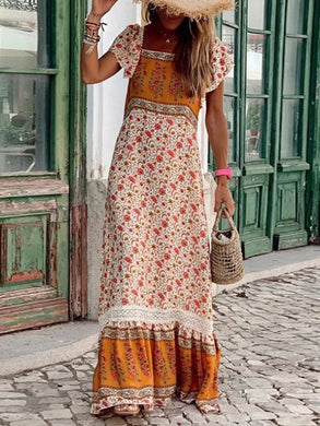 Bohemian Printed Contrast-paneled Casual Dress