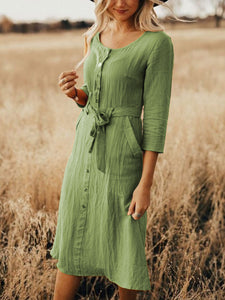 Round Neck Vacation Lace Up Button Dress