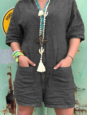 Plus Size Casual Solid V Neck Half Sleeve Pockets Jumpsuits