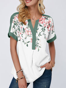 Floral Print Notch Neck Contrast Piping Blouse