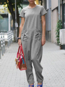 Short Sleeve Maxi Jumpsuit Loose Harem Romper with Pocket