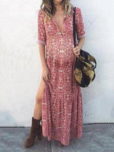 Load image into Gallery viewer, Maternity Bohemian Printing Deep V Forked Dress