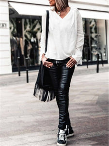 Casual Solid Color V Neck Lace Loose T Shirts