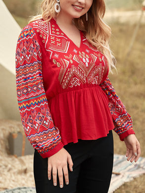 Plus Size V-Neck Embroidery Detail Peplum Blouse