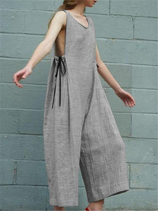 Solid Color Cotton Linen Sleeveless Wide Leg Jumpsuits