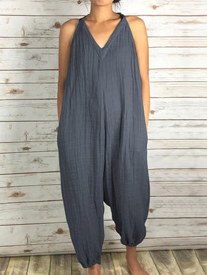 Solid Color Halter V-neck Loose Jumpsuit