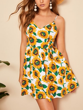 Load image into Gallery viewer, Knot Back Sunflower Print Sexy Cami High Waist Mini Dress