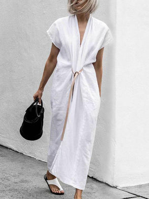 White Lace-Up V-Neck Simple Linen Dress