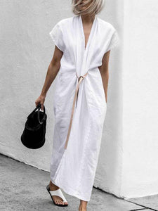 White Lace-Up V-Neck Simple Linen Dress