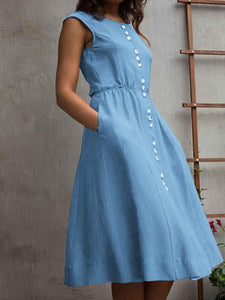 Plain Button Midi Dress Sleeveless Skater Dresses