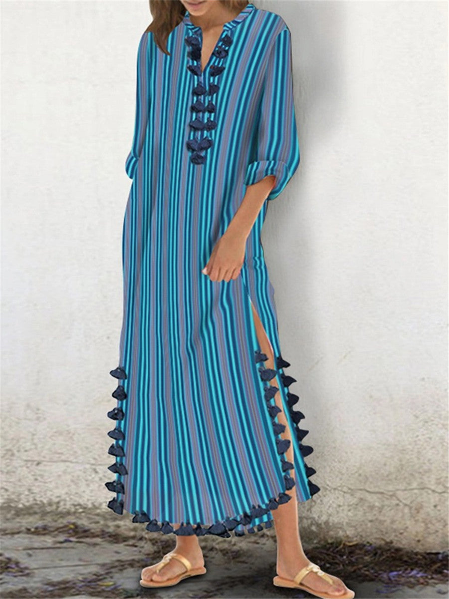 Stylish Casual Striped Slit V Neck Maxi Dresses